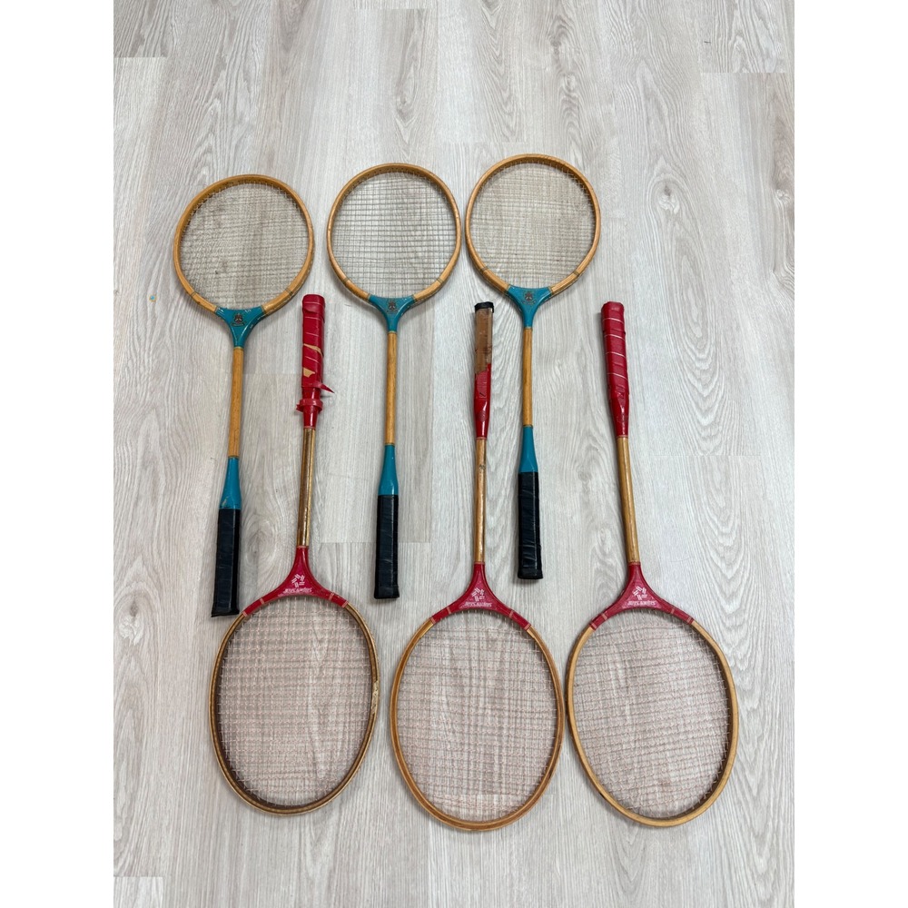 Vintage Wooden Badminton Racket Lot 6 Universe Teal Super Star Red Wood Decor